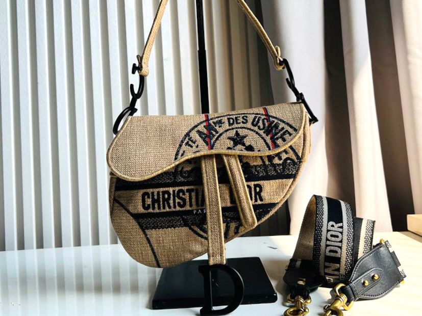 Dior Women Saddle Bag Beige Jute Canvas Embroidered with Dior