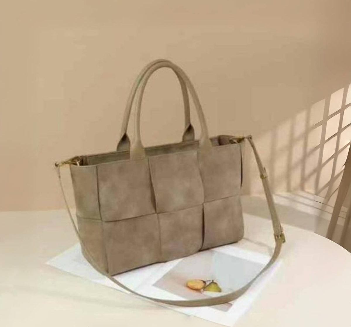Brown woven Bottega style handbag for women