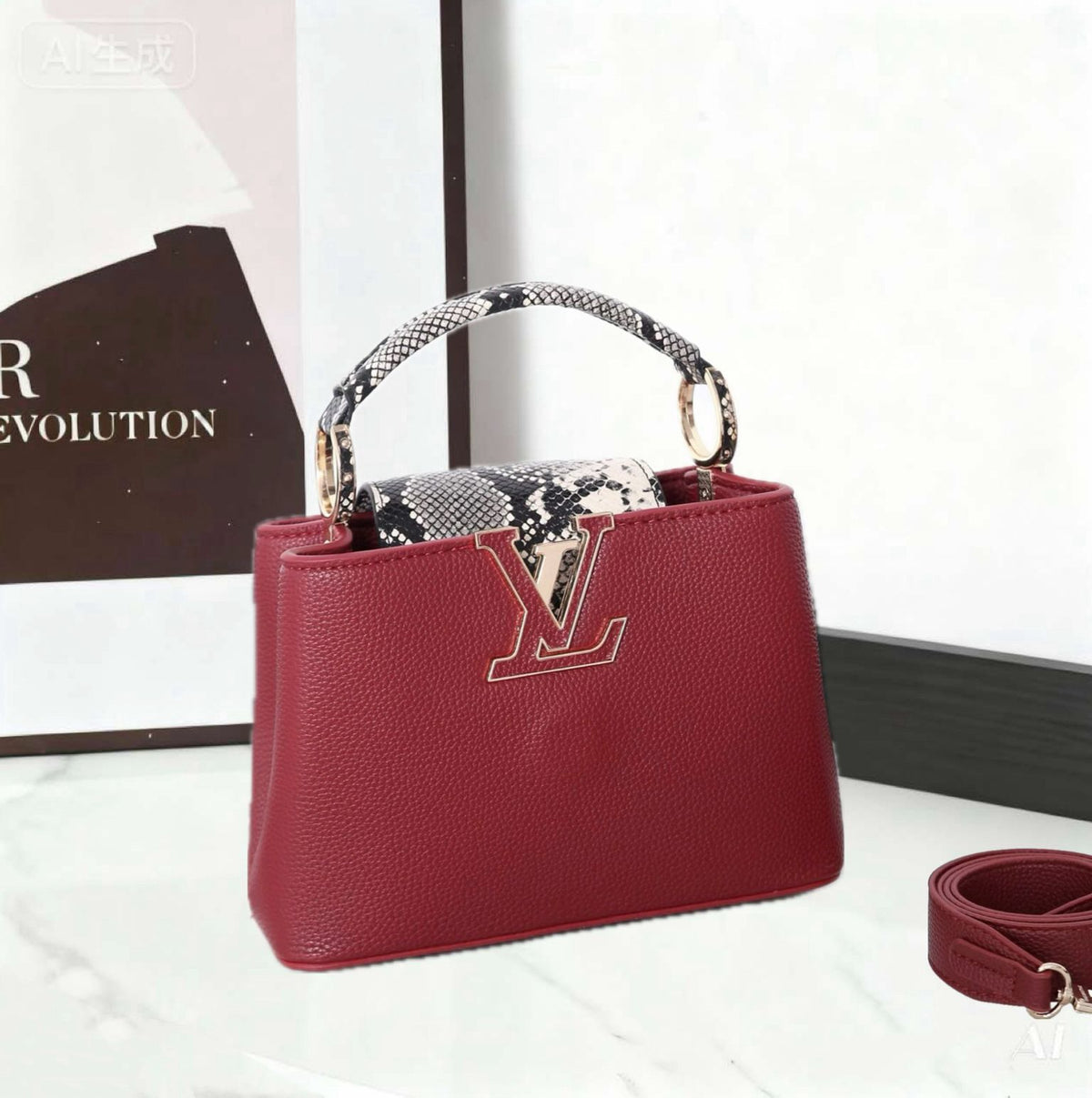 Red handbag with a brand logo on a white background