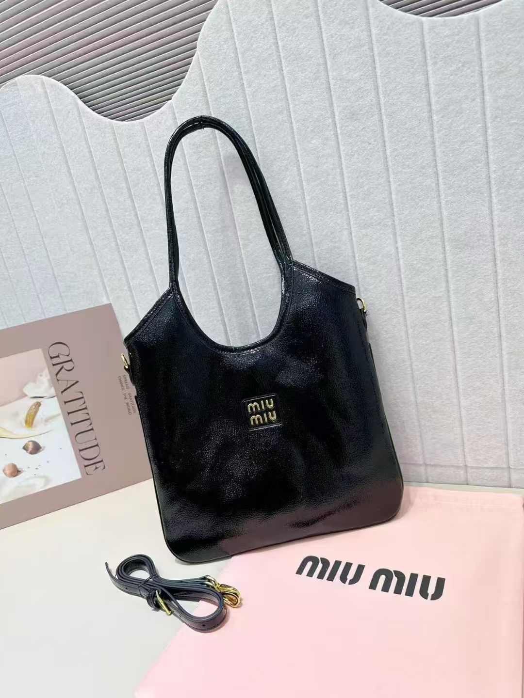 Miu Miu black glossy leather tote bag with detachable shoulder strap