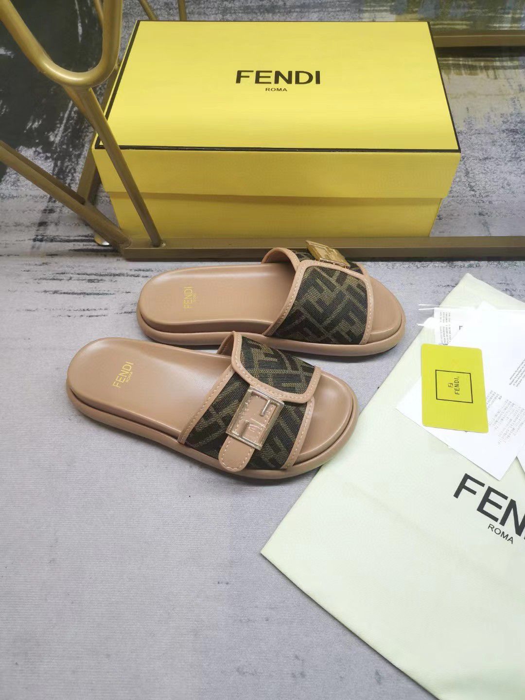 Fendi Women Feel Brown Fabric Slides