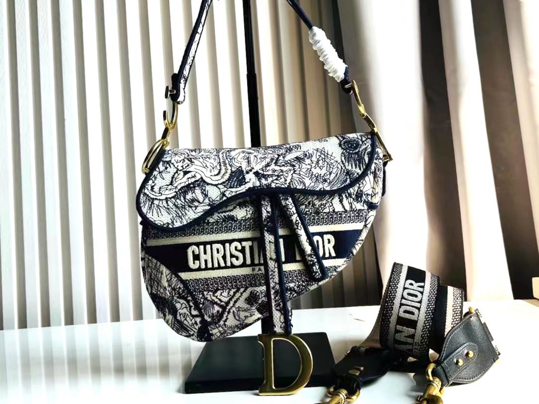 CHRISTIAN DIOR Canvas Embroidered Around the World Saddle Bag