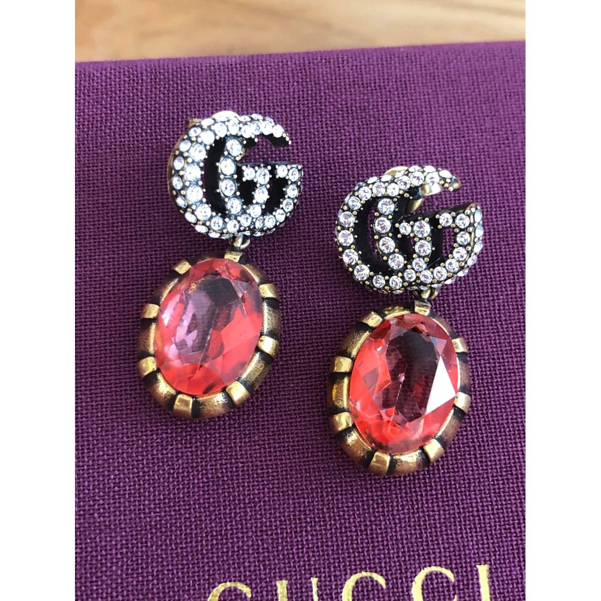 Gucci Gold Tone GG Crystal Drop Earrings