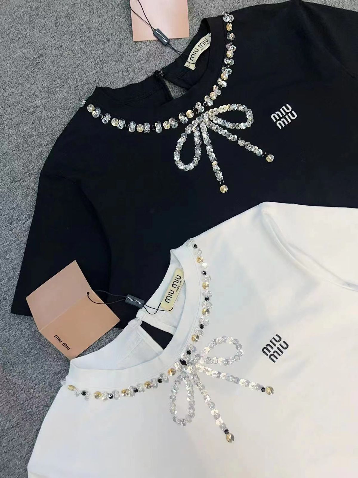 Miu Miu Pearl Embellished Bow T-shirt