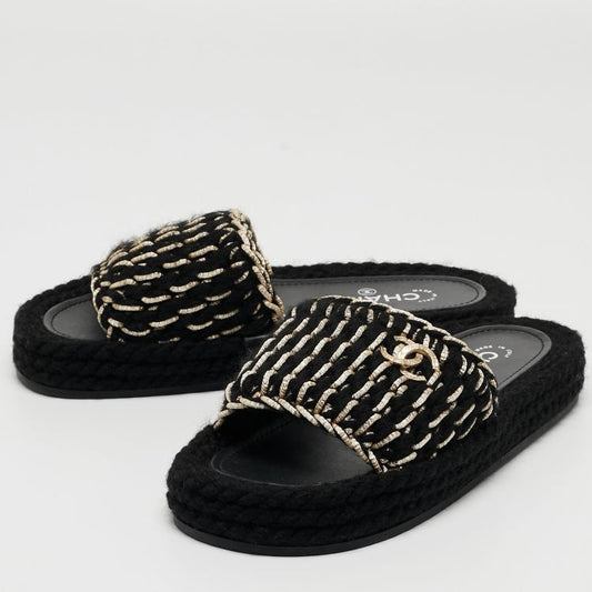 Chanel Black Braided Knit CC Mules