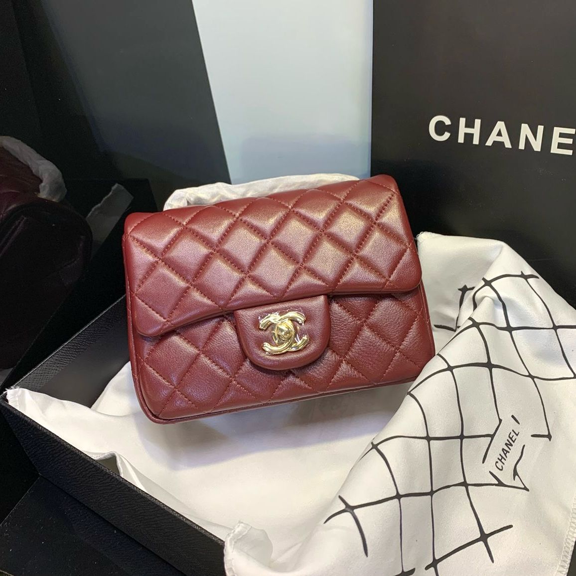 CHANEL Caviar Quilted Mini Rectangular Flap Burgundy