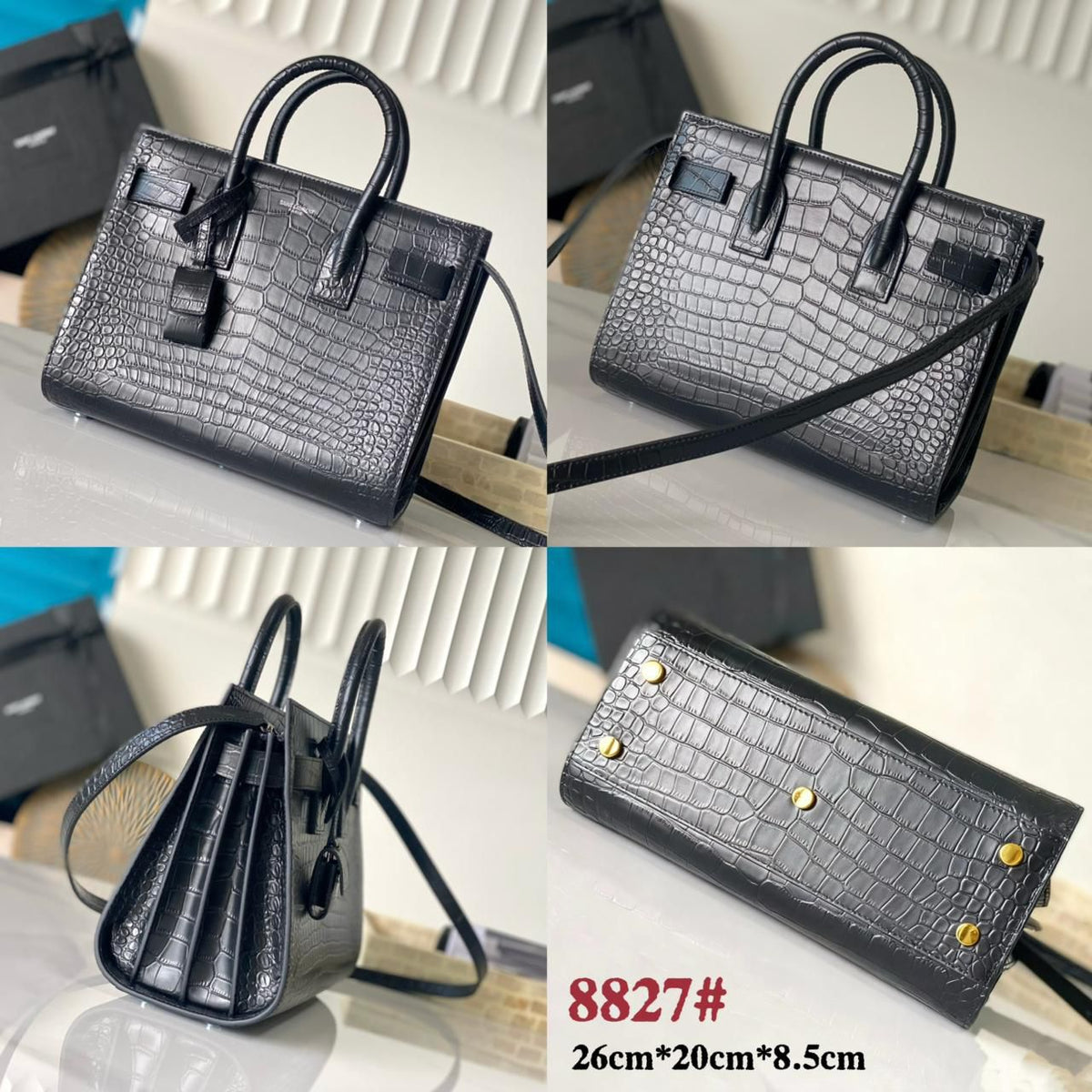 YSL style black structured handbag with crocodile texture