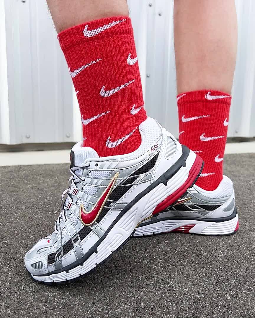 Nike P-6000 silver black red sneakers on feet