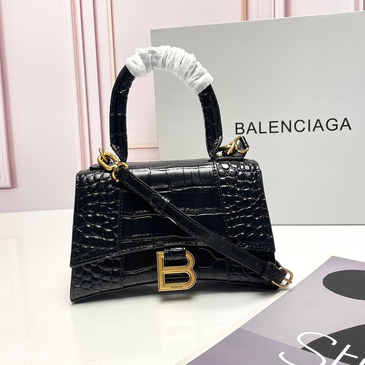 BALENCIAGA Shiny Embossed Hourglass Top Handle Bag