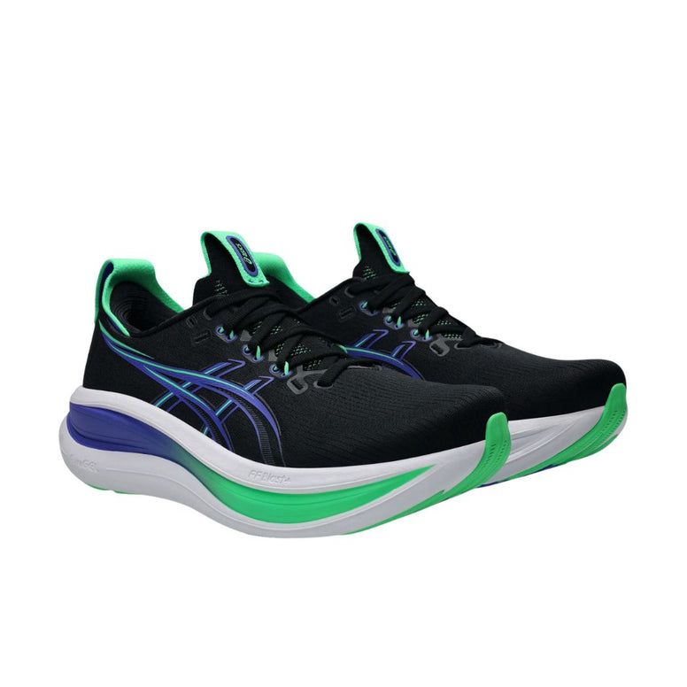 Angled view of black ASICS GEL sneakers with blue and green details