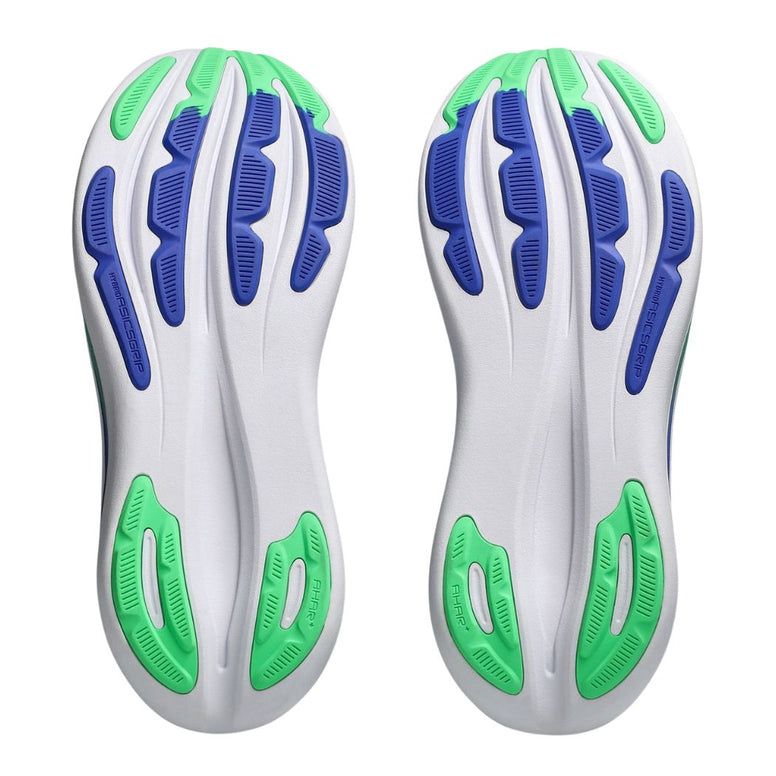 Sole view of ASICS GEL sneakers with blue and green grip details