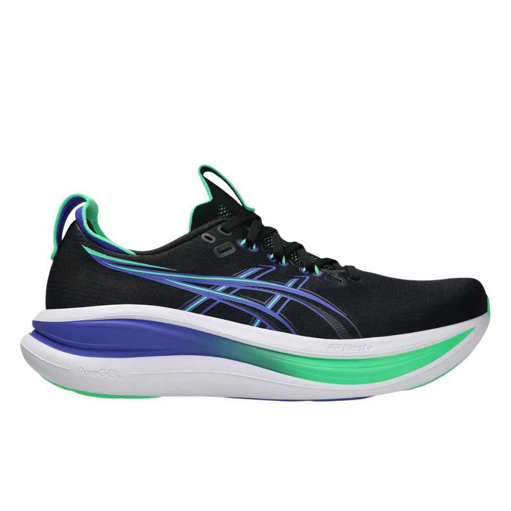 Side view of black ASICS GEL sport sneaker with blue and green details