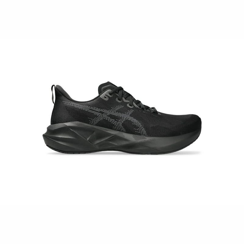 Side profile of ASICS Novablast black running shoe