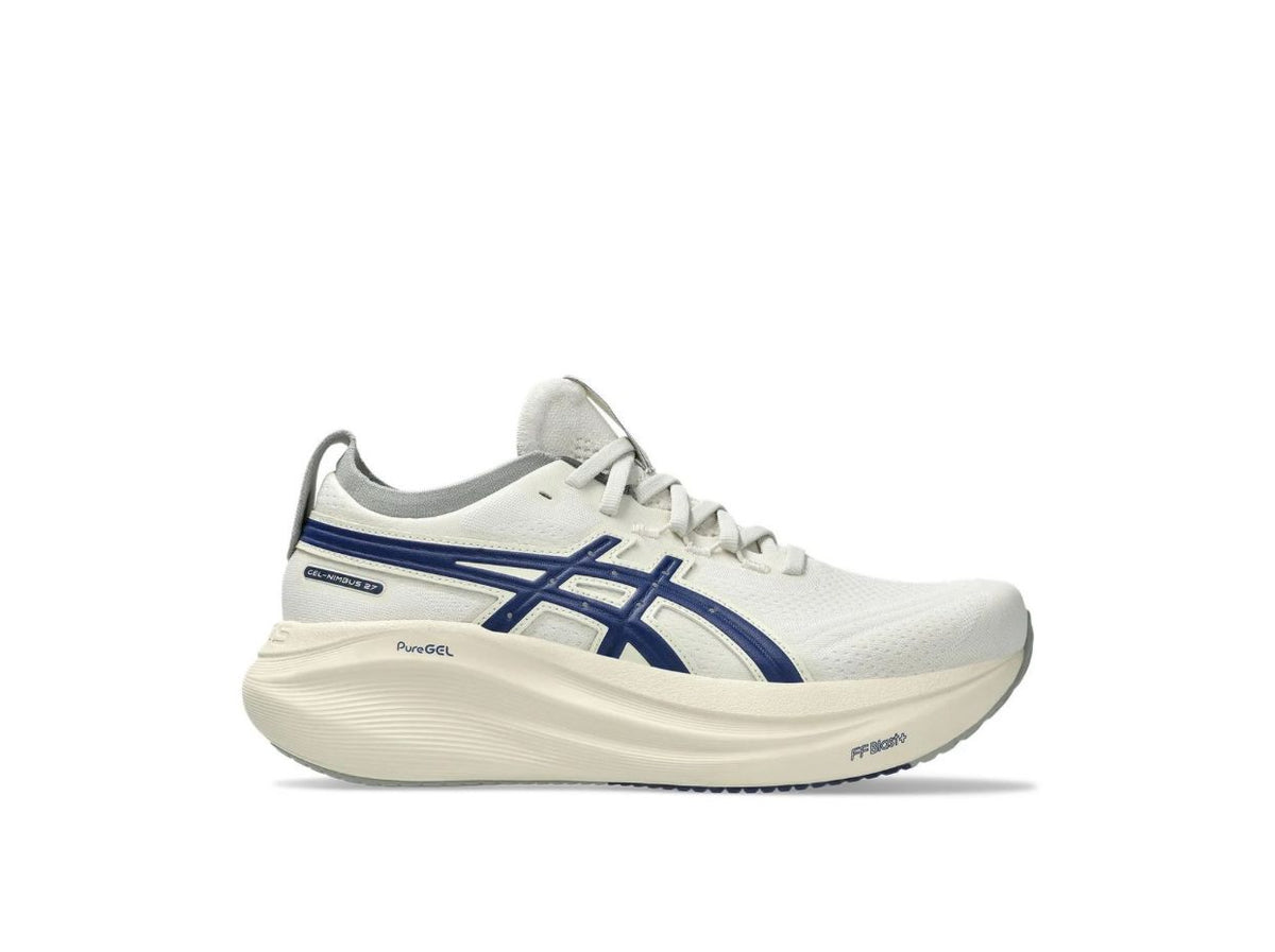 Side profile of ASICS SONICBLAST cream and blue running shoe