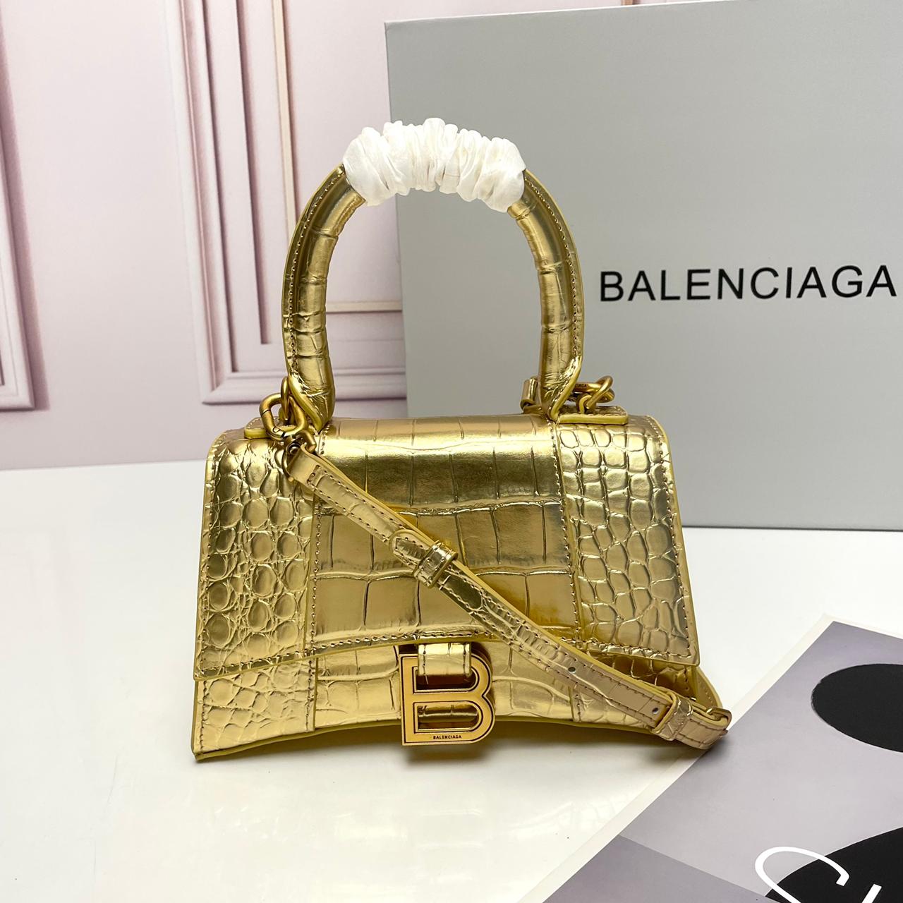 BALENCIAGA Shiny Embossed Hourglass Top Handle Bag