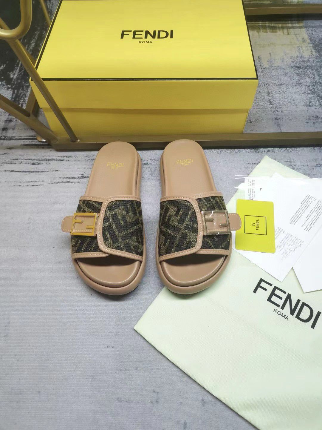 Fendi Women Feel Brown Fabric Slides