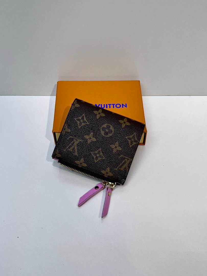 Brown monogram compact wallet with purple wrist strap