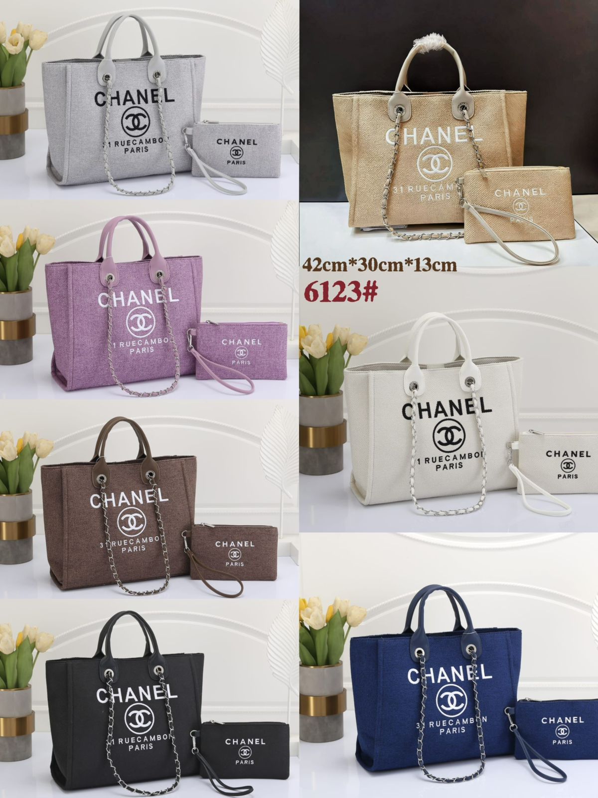 Collage of various Chanel handbags and pouches in different colors and sizes.