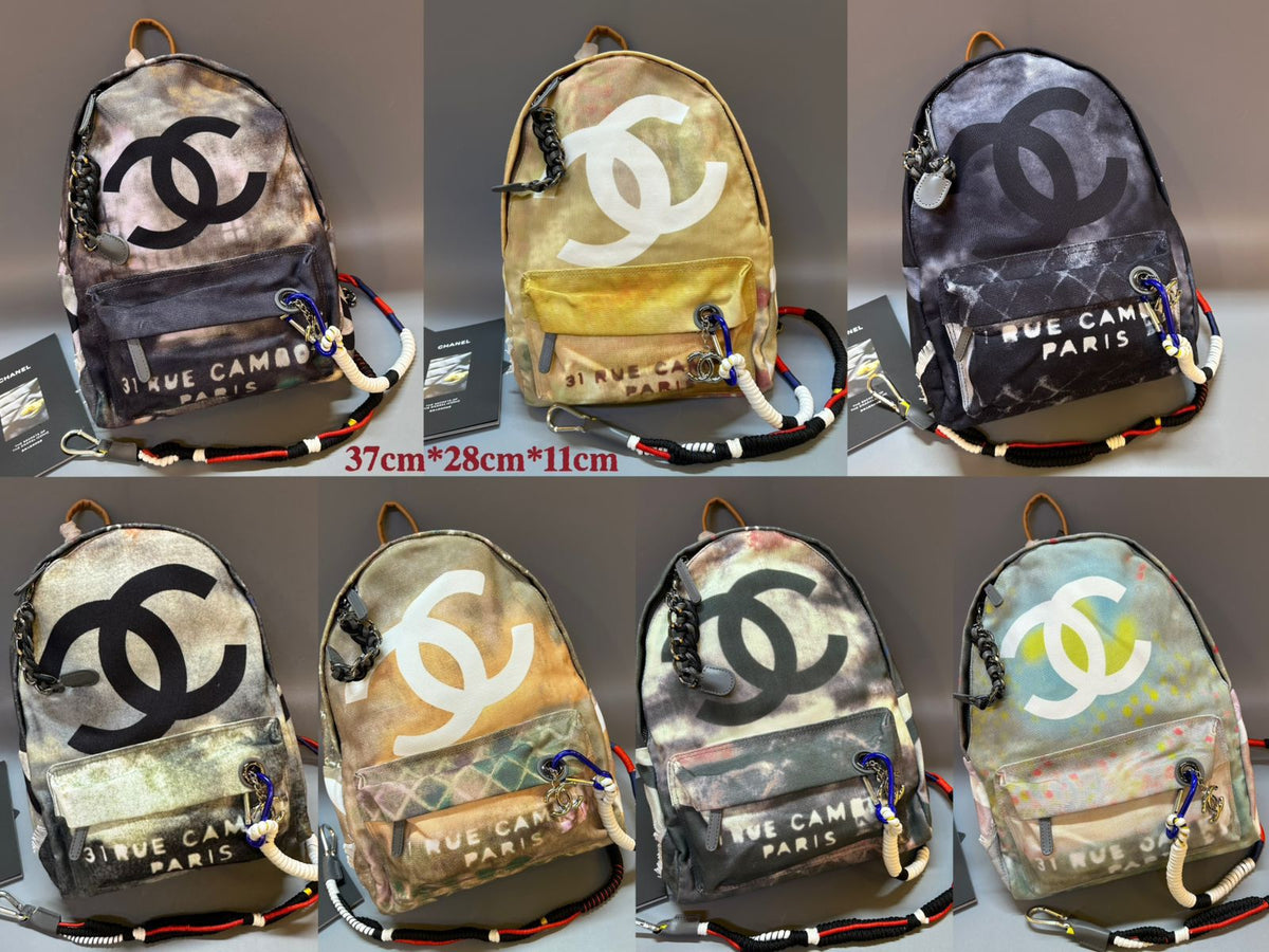 Collage of Chanel backpacks with brand logos and text on a gray background