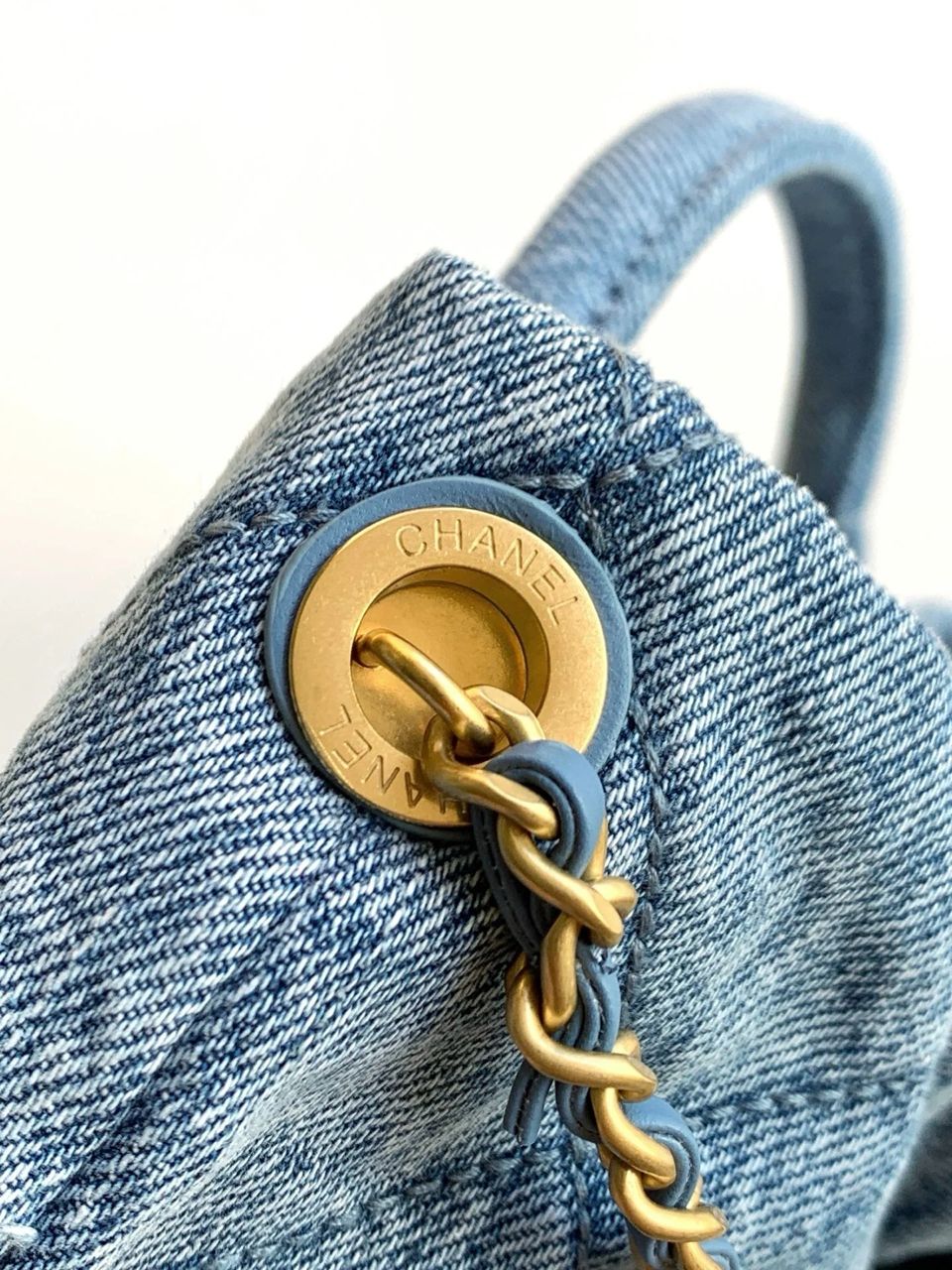 Close-up of Chanel mini bag with chain-style strap