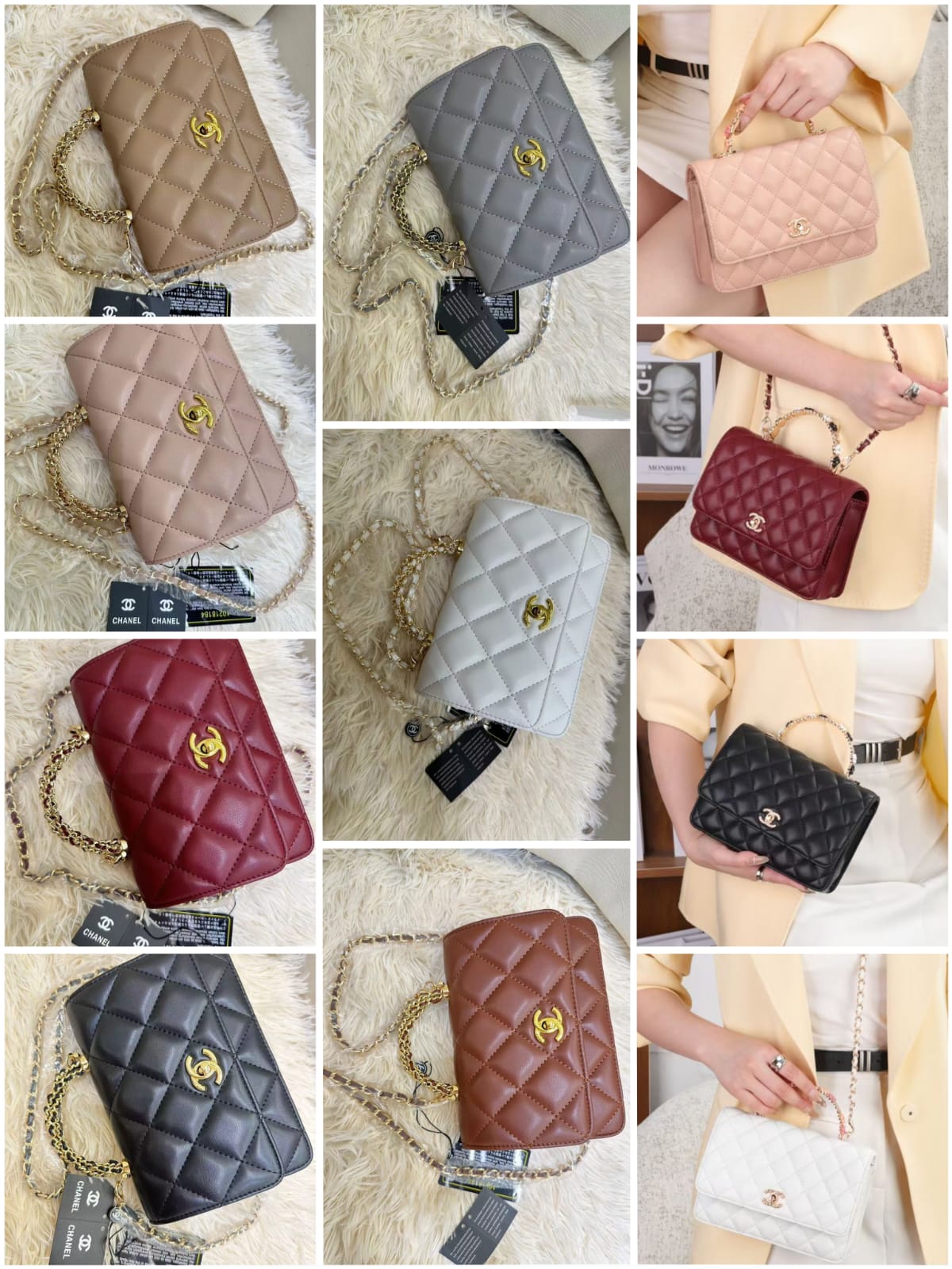 Color collection grid of Chanel quilted leather mini flap bags by Aone Brands Dubai