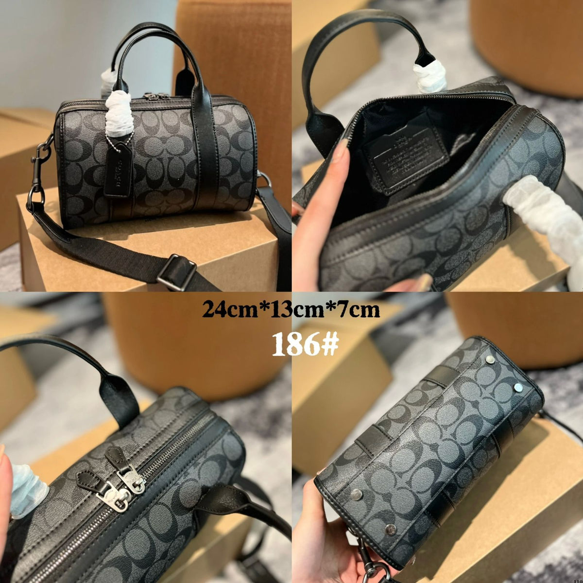 Coach style black handbag front view with signature pattern