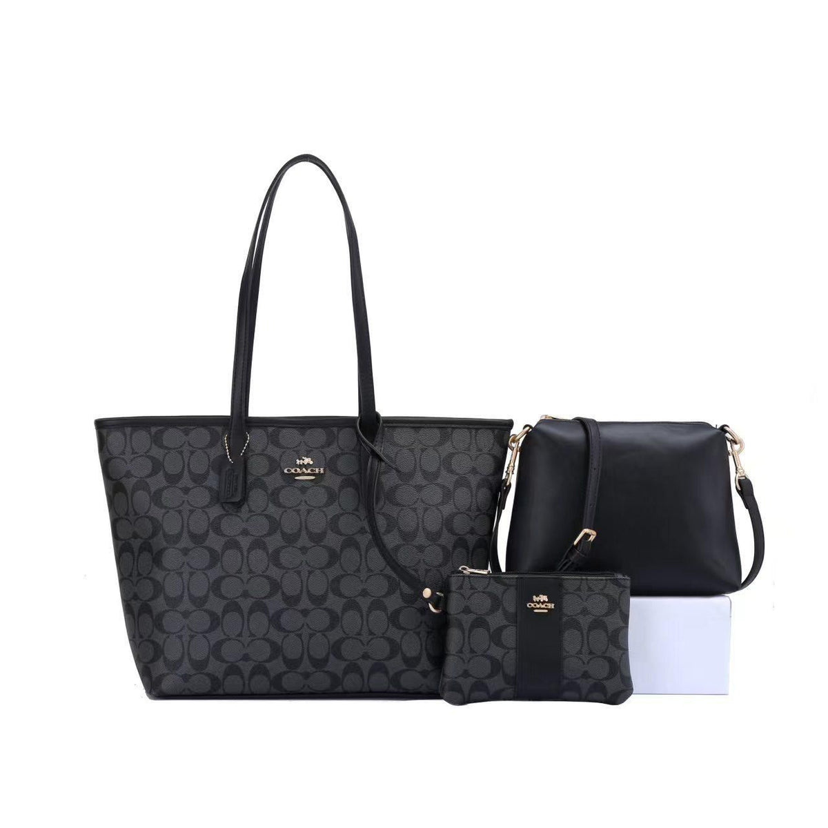 Charcoal black Coach monogram tote bag set with shoulder straps
