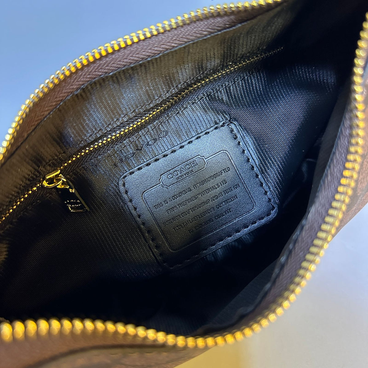 Close-up of a Coach bag with a visible brand label on a blue background