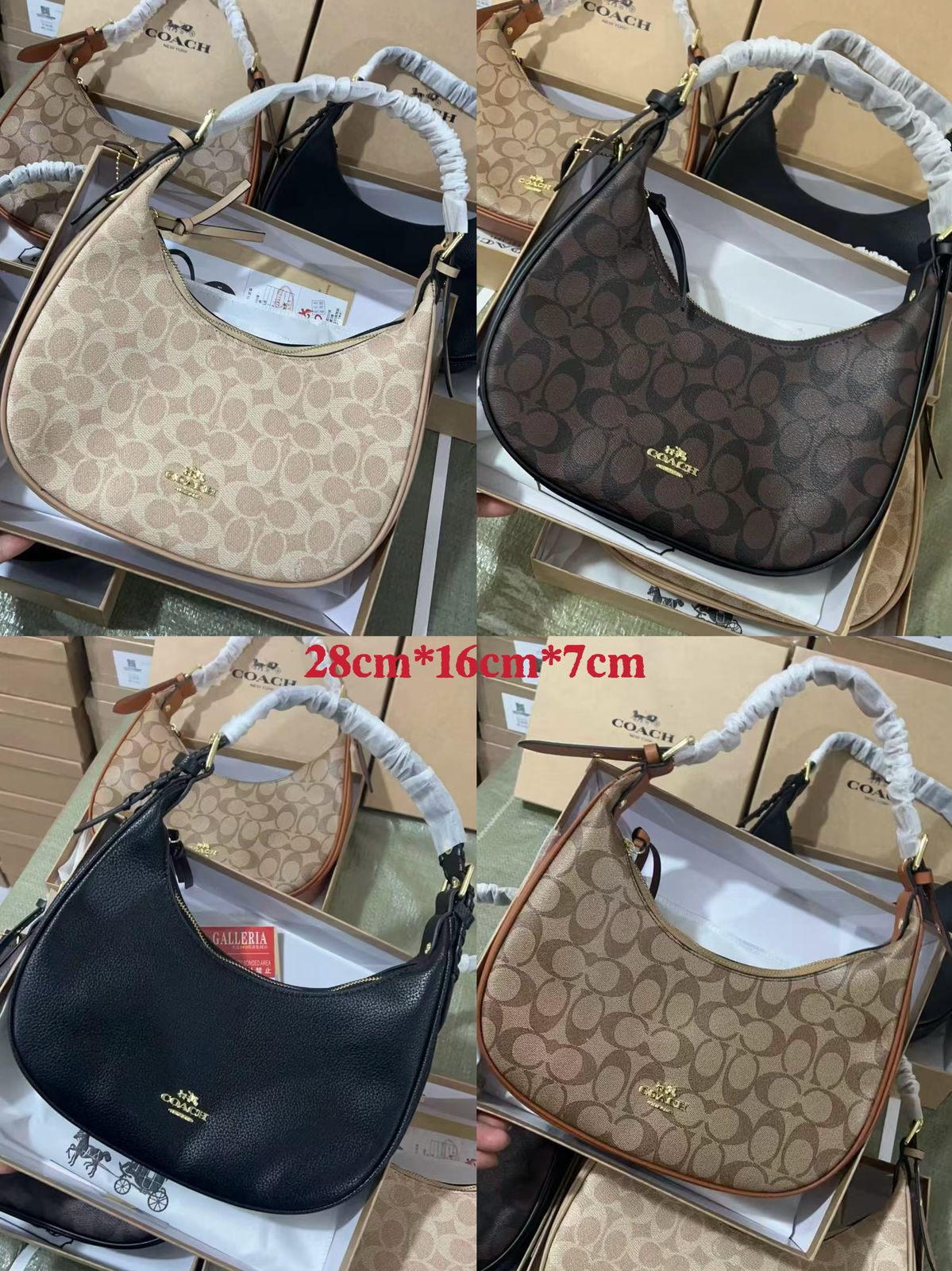Collage of Coach handbags in different colors with size dimensions displayed.