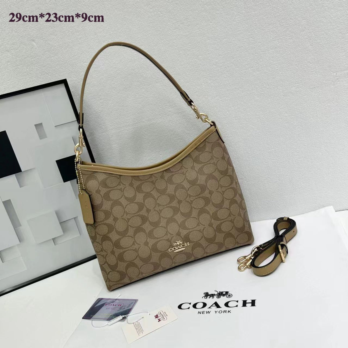 Coach signature monogram women shoulder bag in brown and tan with extra strap