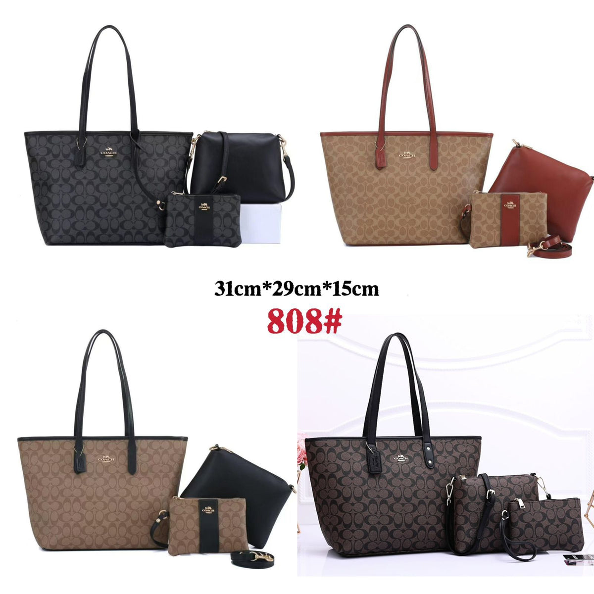 Coach signature leather tote bag 3-piece set in black measuring 31cm by 29cm by 15cm