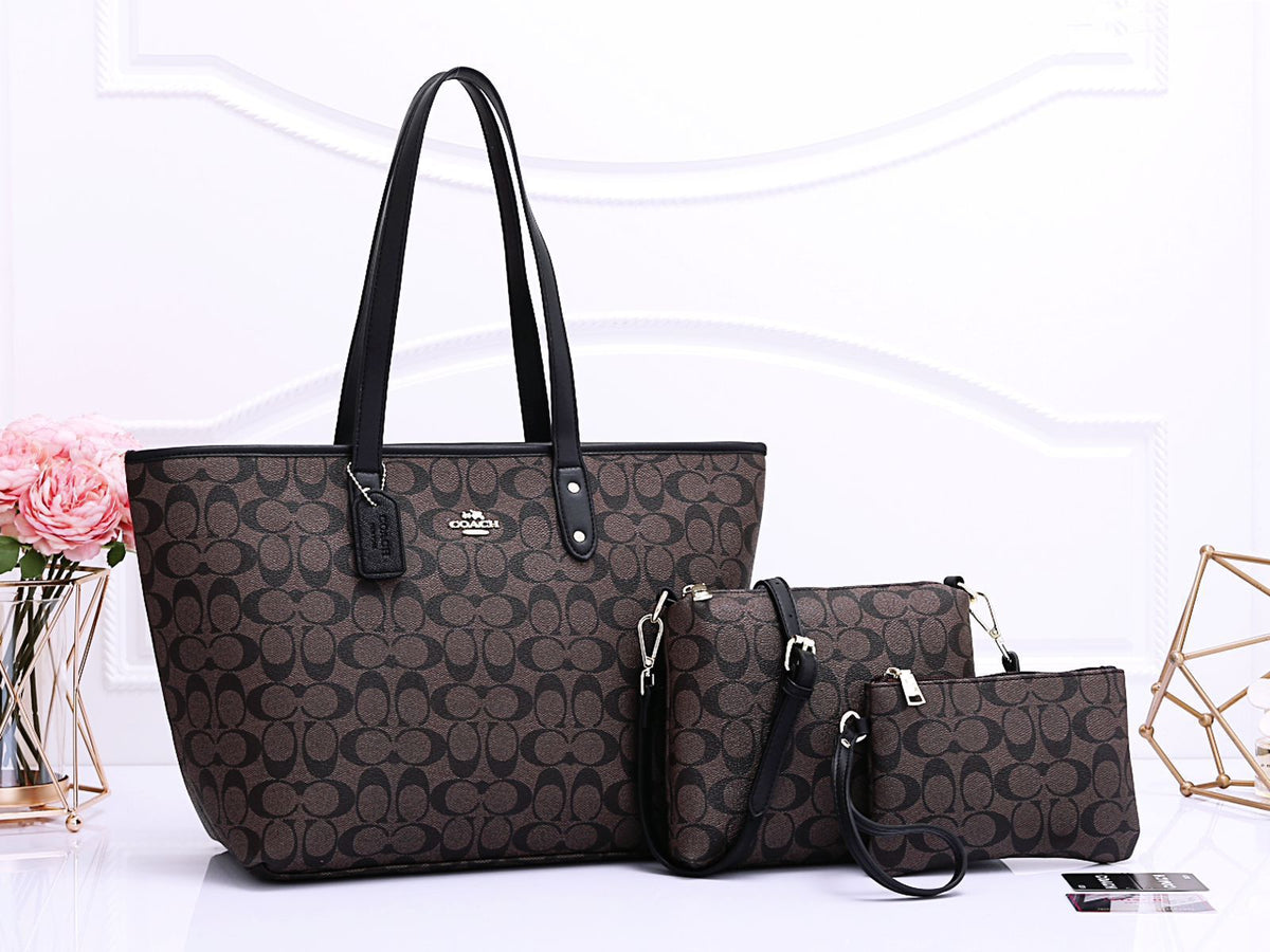 Tan Coach signature tote bag standing with matching leather pouch and wallet