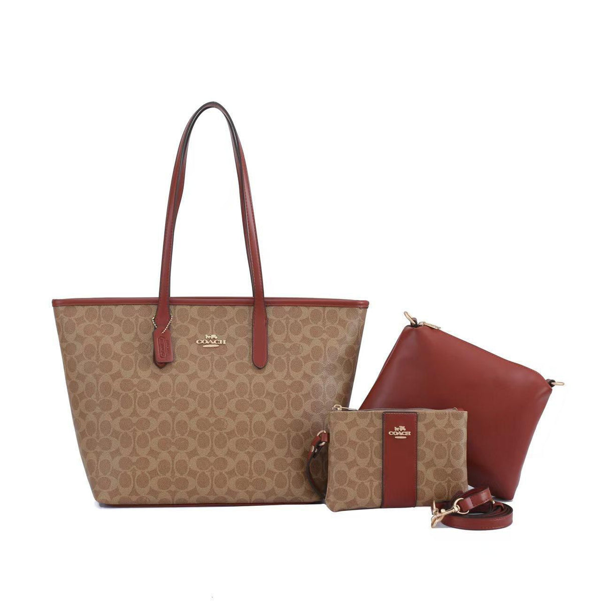 Close up view of smooth gold-tone zipper pull on Coach leather tote bag