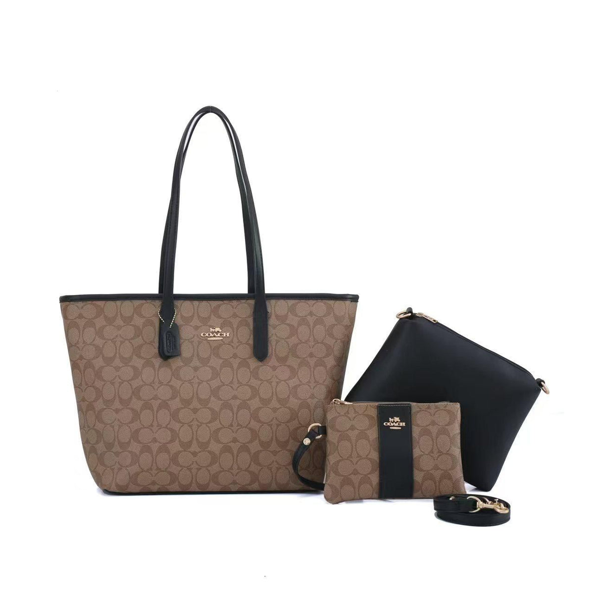 Two-tone brown Coach signature leather tote bag 3-piece set on white background