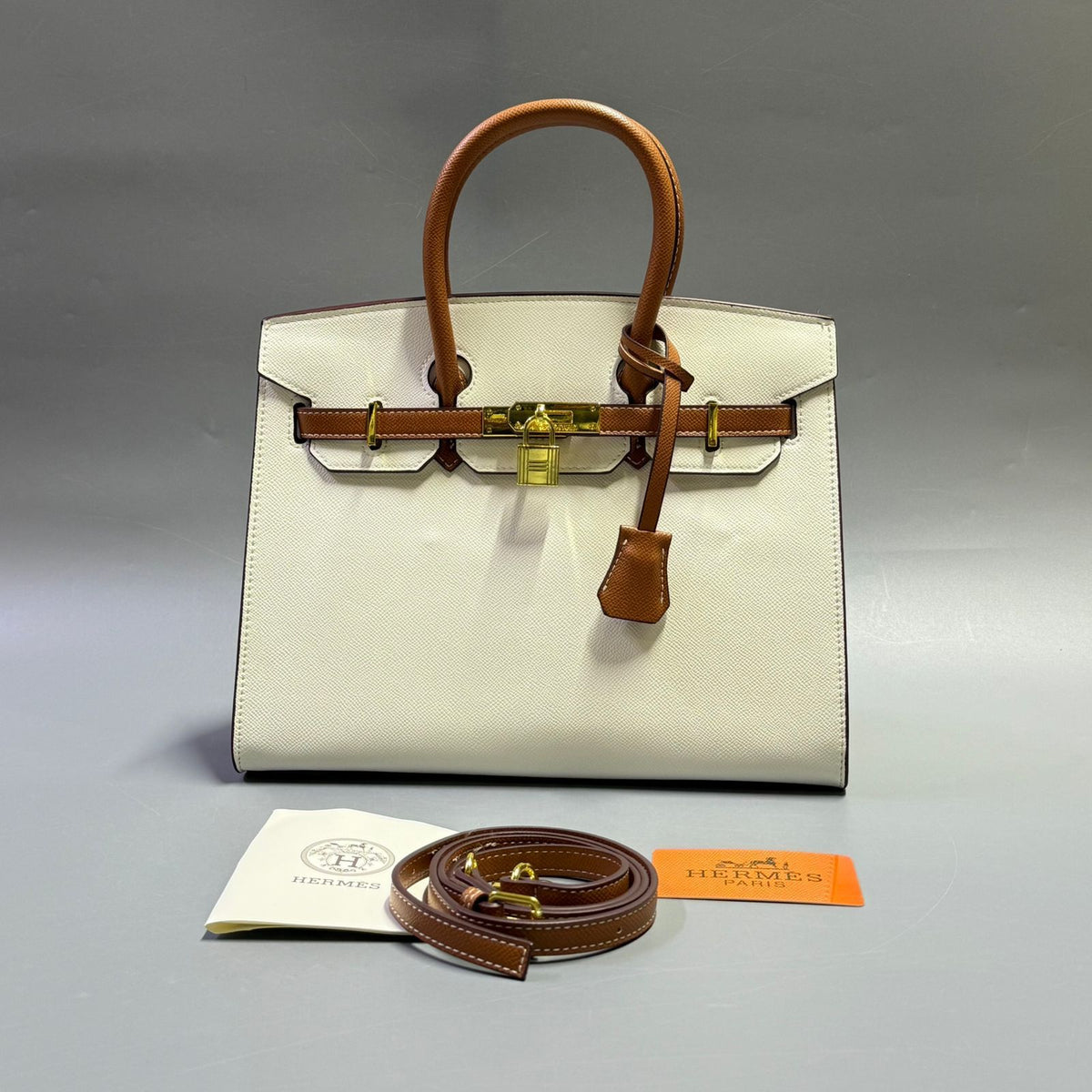 Cream and brown two tone luxury leather handbag with shoulder strap