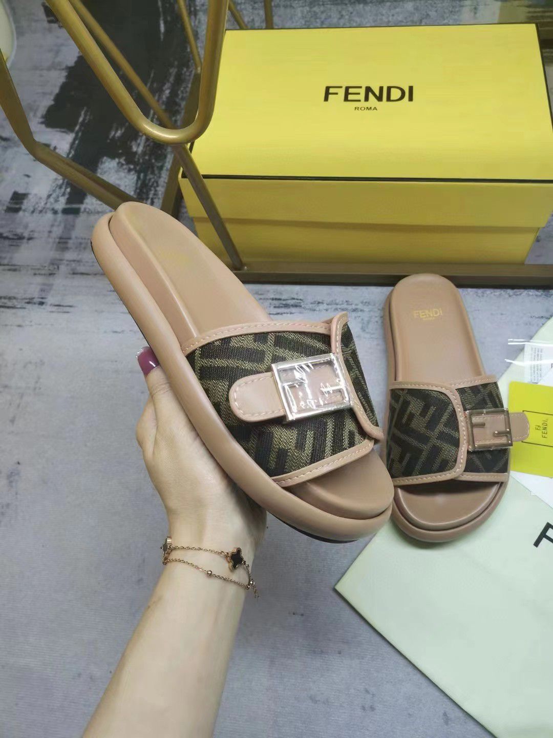 Fendi Women Feel Brown Fabric Slides