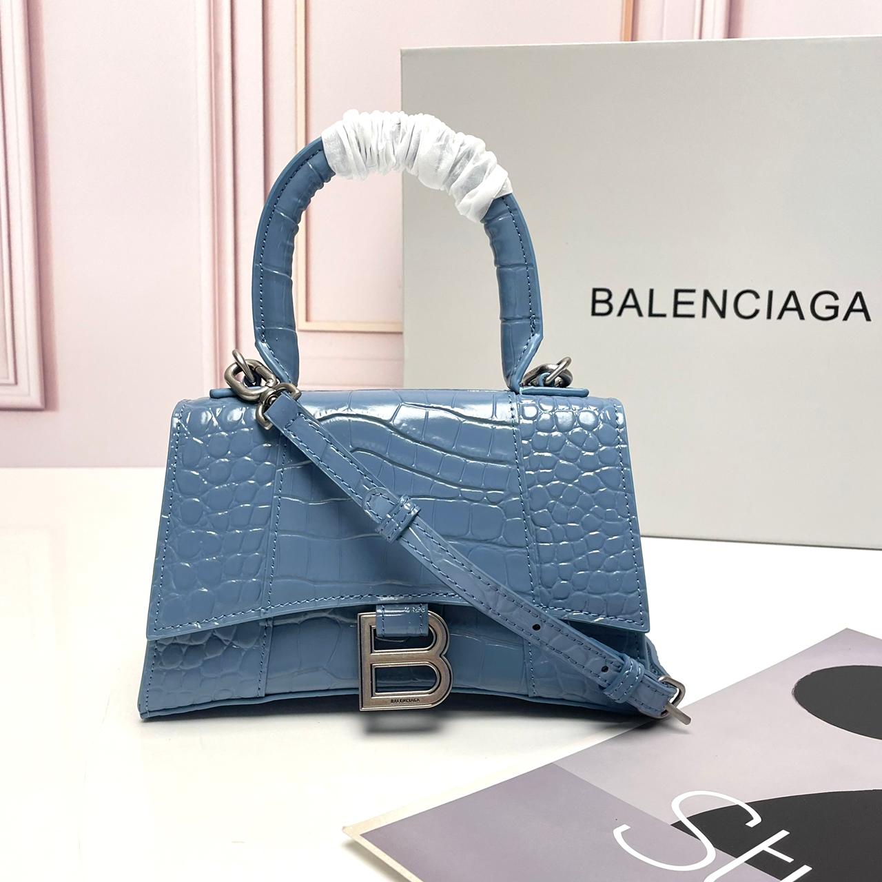 BALENCIAGA Shiny Embossed Hourglass Top Handle Bag