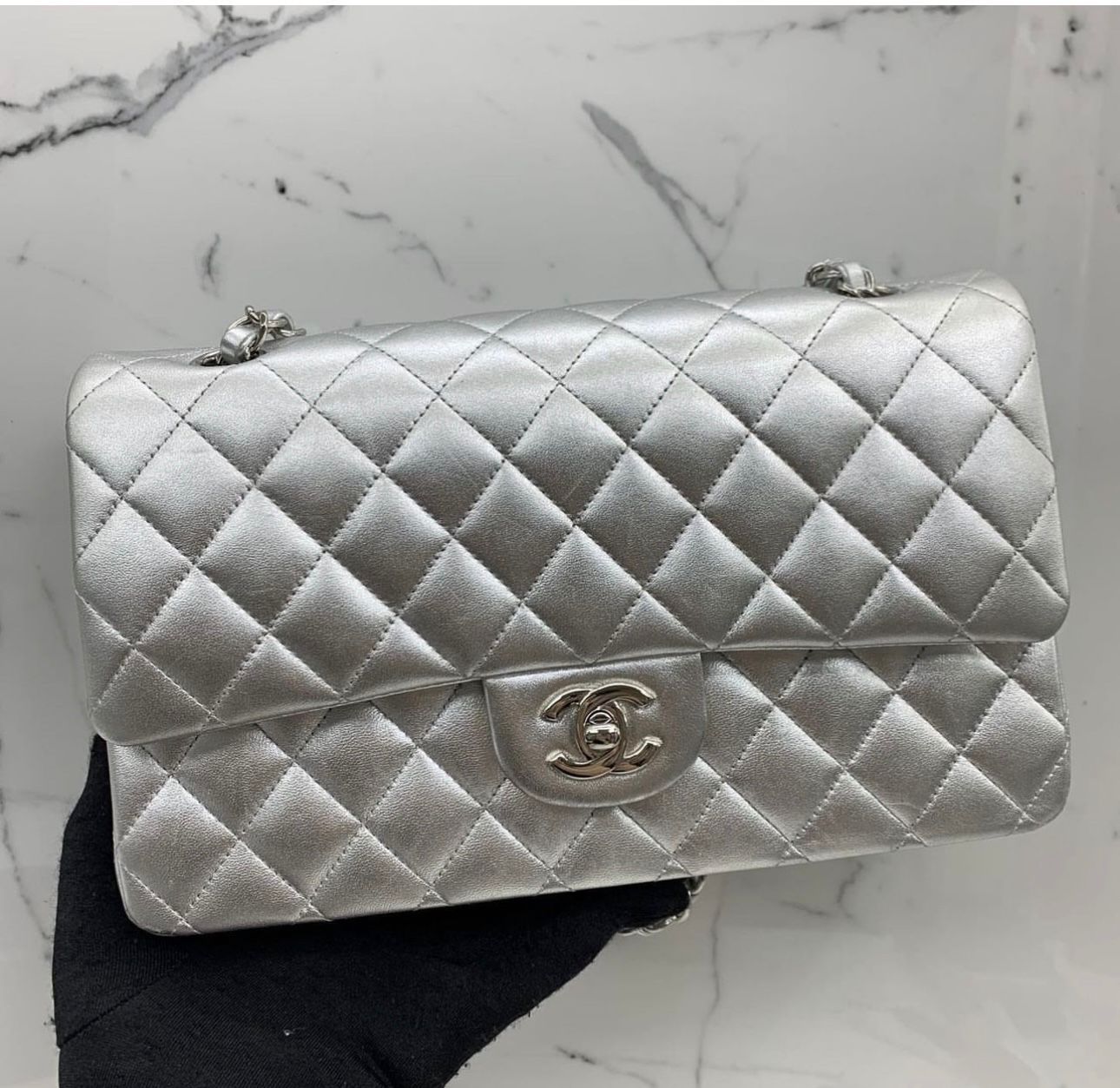 CHANEL Metallic Double Flap Silver Bag