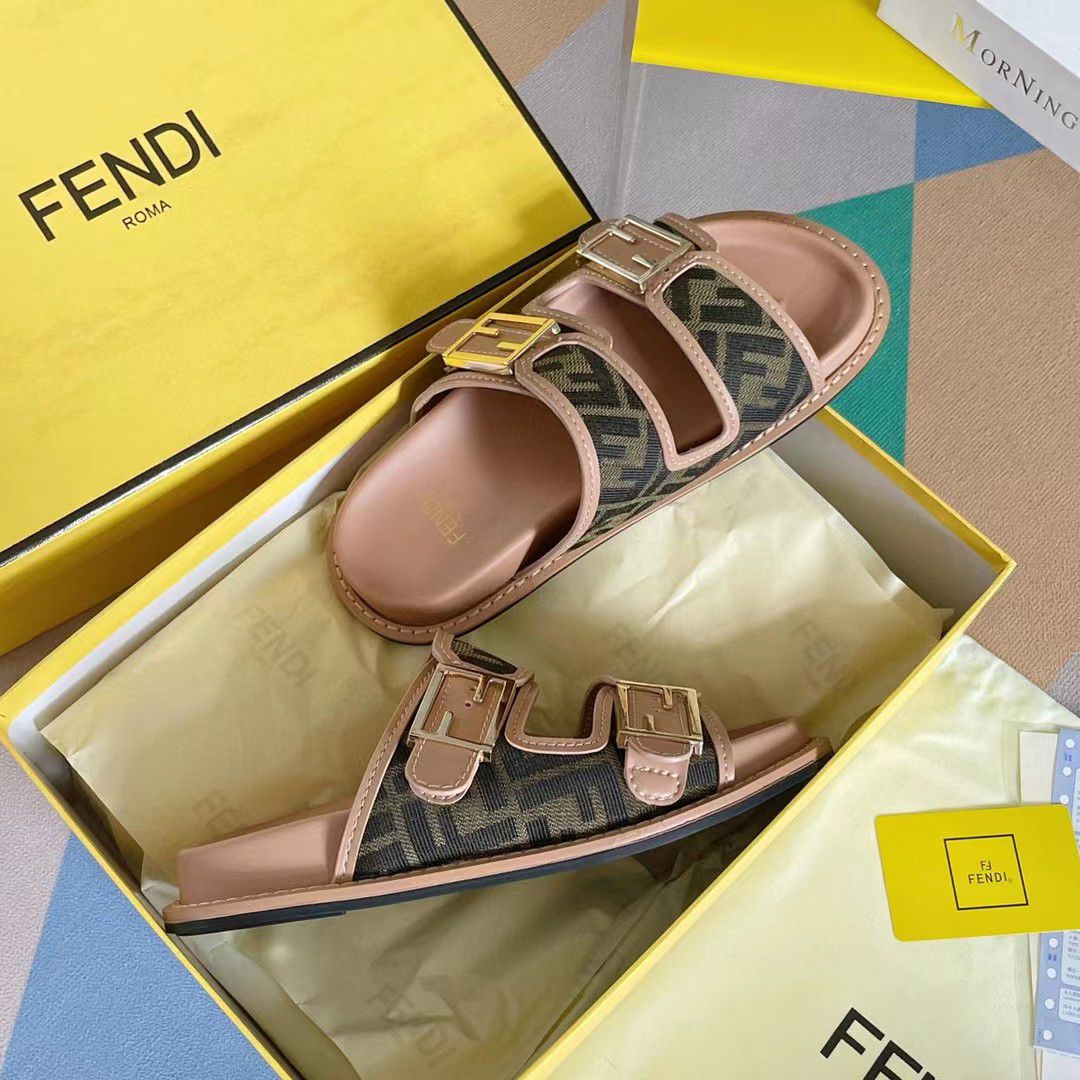 Fendi Women Fendi Feel Brown FF Fabric Slides