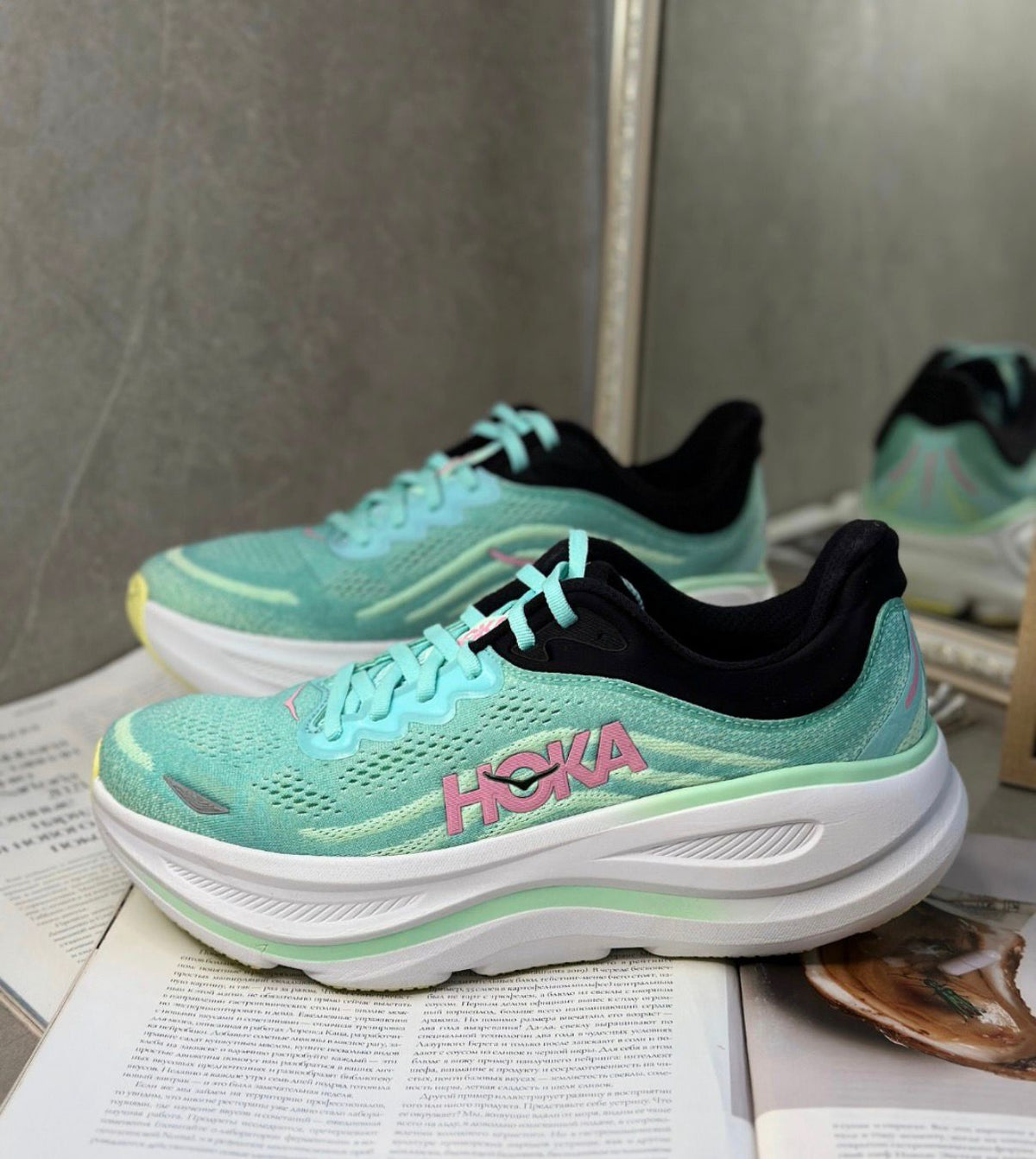 HOKA Clifton 9 Mint Fluorite Snow Melt unisex running sneakers pair view