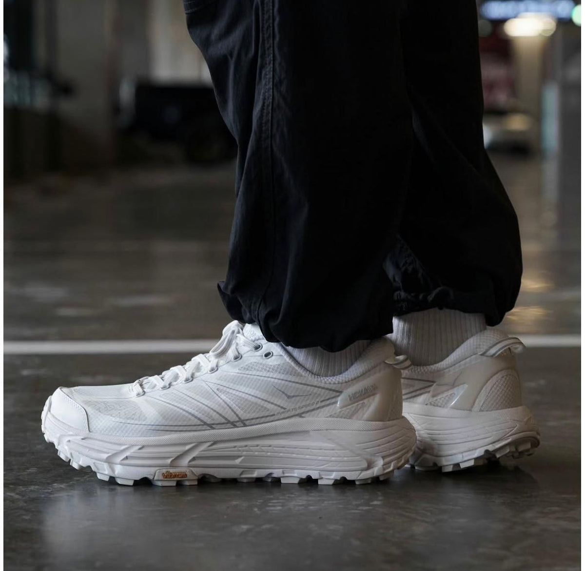 HOKA Mafate Speed 2 White Lunar Rock unisex sneakers on feet