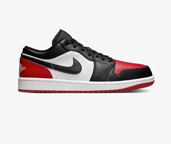 Side view of Air Jordan 1 Low Bred Toe sneaker