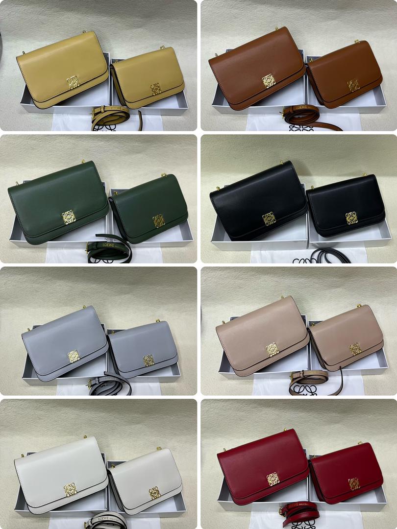 Loewe women's handbags displayed in multiple colors