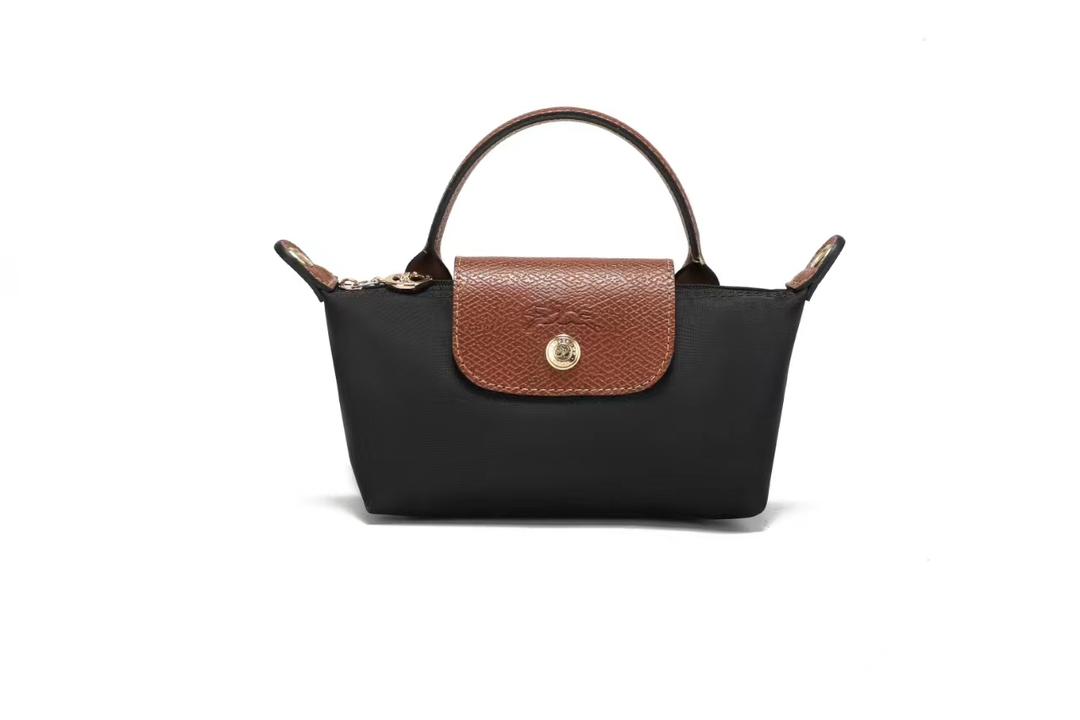 Black Longchamp mini bag with brown top handles