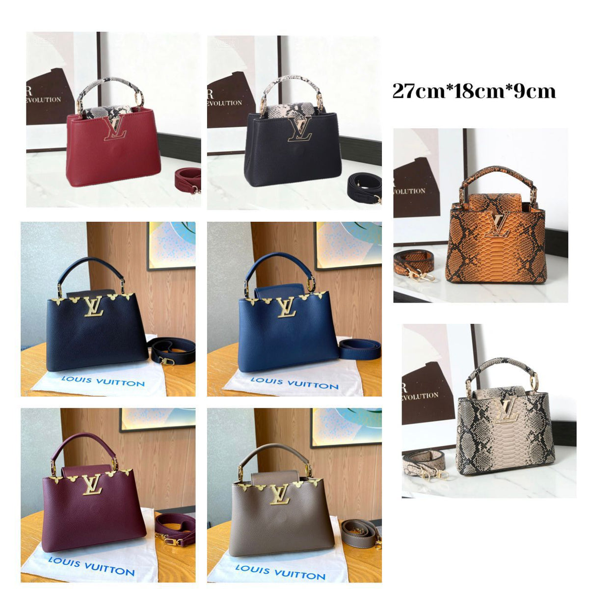 Collage of various Louis Vuitton handbags in different colors and styles.