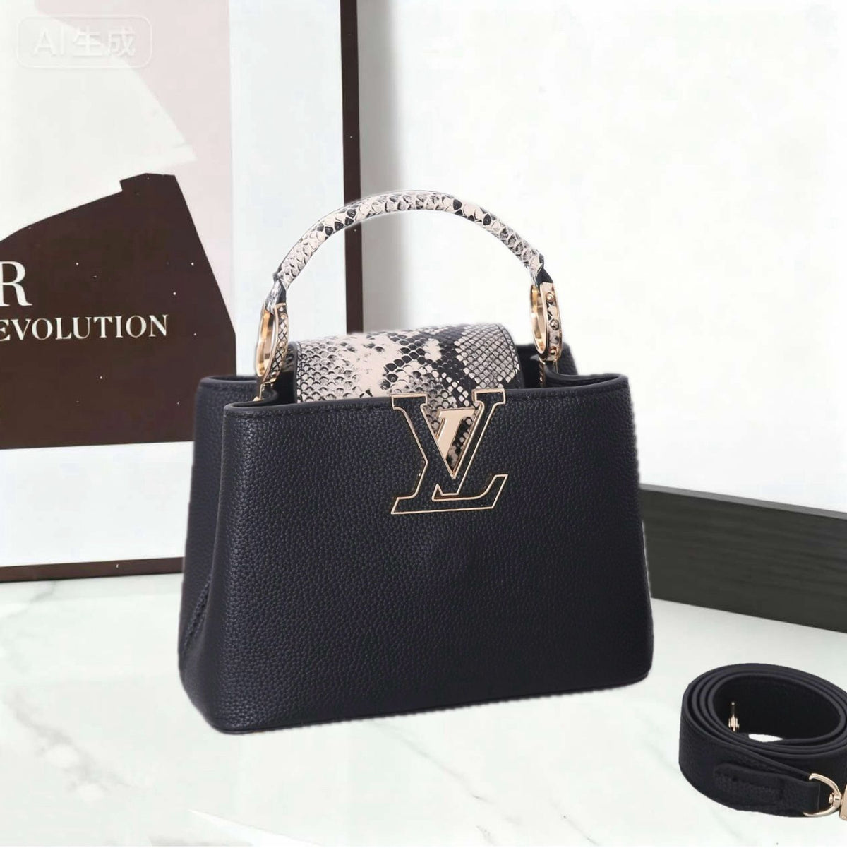 Black handbag with a distinctive logo on a white surface