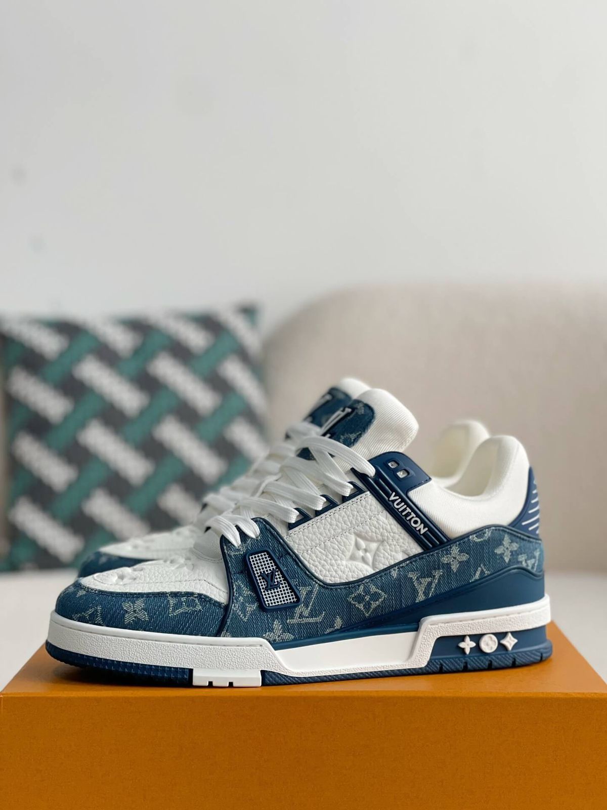 Louis Vuitton LV Trainer men’s Blue Monogram denim sneaker side view