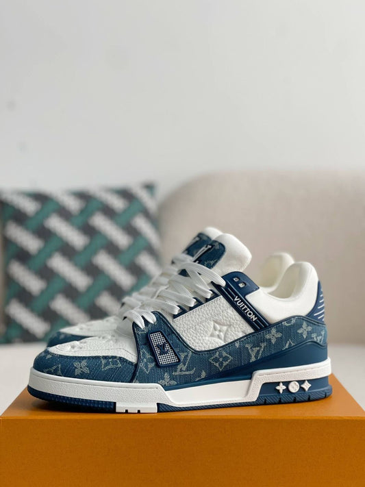 Louis Vuitton LV Trainer men’s Blue Monogram denim sneaker side view