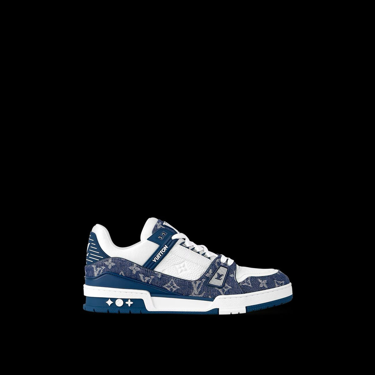 Profile view of Louis Vuitton LV Trainer Blue and White sneaker