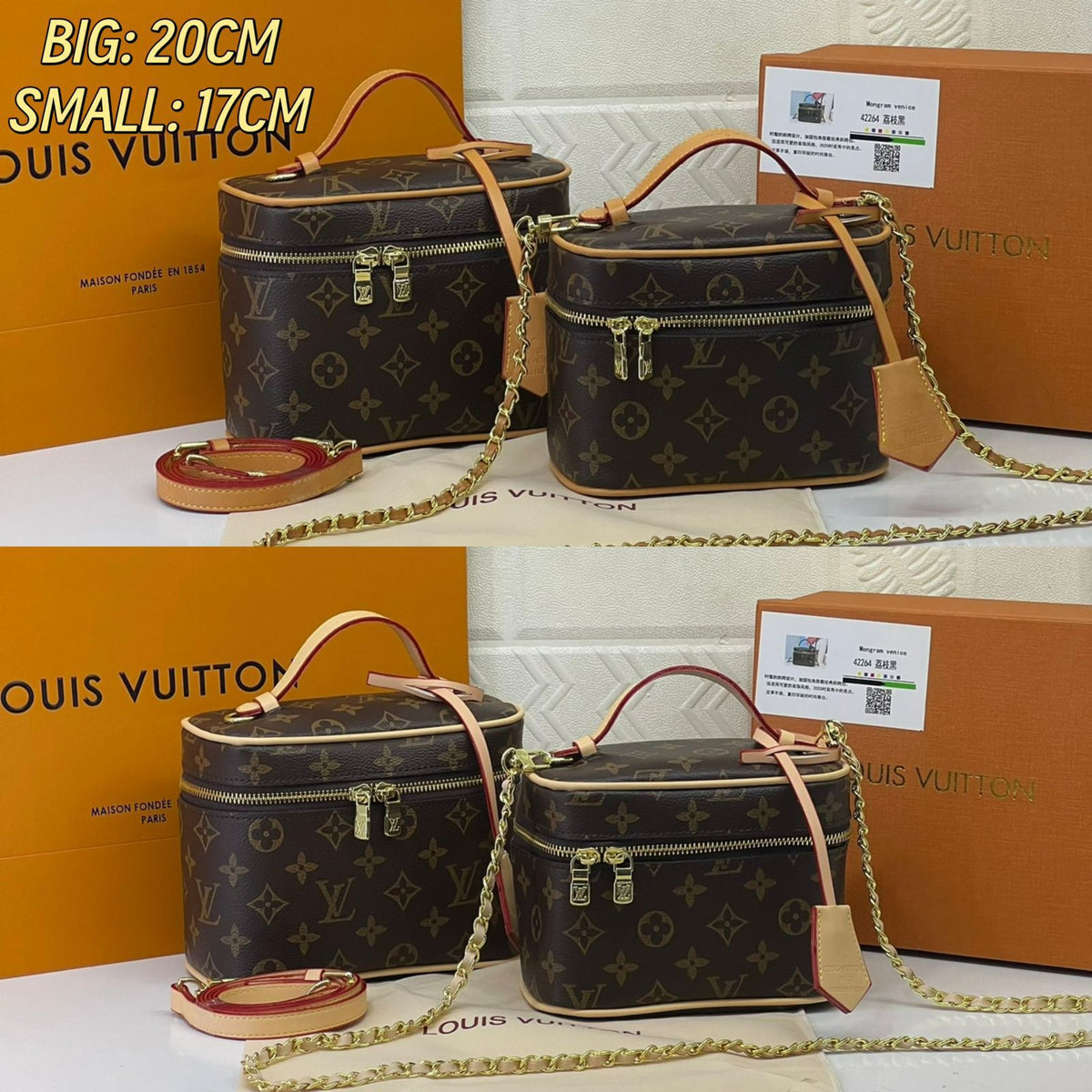 Louis Vuitton monogram vanity case shoulder bag with leather top handle and gold chain strap by Aone Brands Dubai